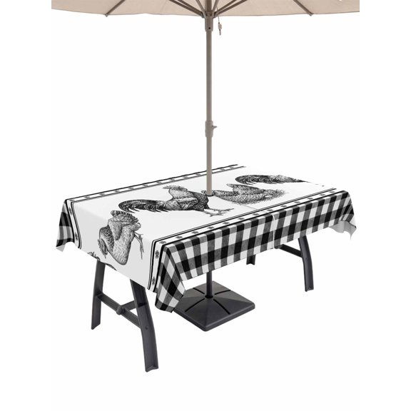 Outdoor Tablecloth with Umbrella Hole for Patio/Picnic/Party/Camping, Navy Blue Rooster Waterproof Table Cloth Rectangle Table Cover Washable, Vintage Farmhouse Black Plaid (52"x 70")