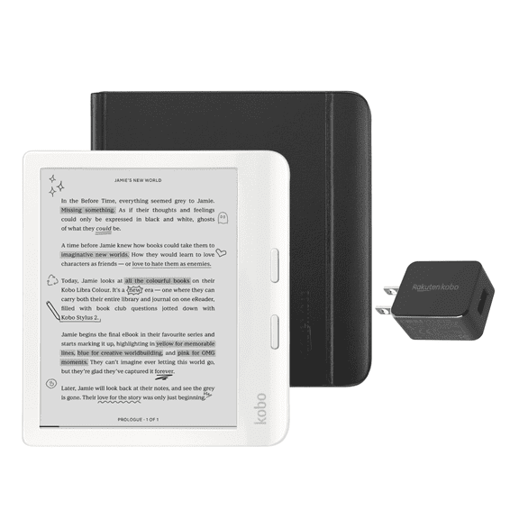 Kobo Libra Colour White eReader with Case Bundle (Black Notebook SleepCover, Case   AC Bundle)
