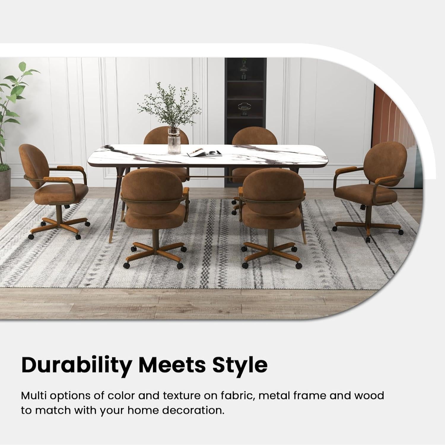 Chromcraft Douglas Swivel-Tilt Casual Dining Chair with Casters, PU Leather Upholstery, Wood Arms, Metal Base