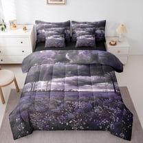Manfei Cute Flower Floral 7 Pieces Bedding Comforter Set,Rustic Farmhouse Cabin Full Bedding Set,Purple White Gray Fitted Sheet Flat Sheet For Teens,Super Cozy Room Decor Reversible