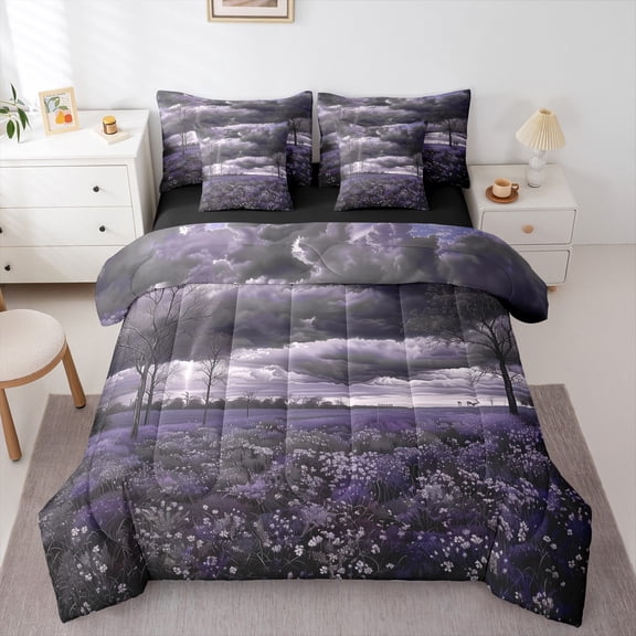 Manfei Cute Flower Floral 7 Pieces Bedding Comforter Set,Rustic Farmhouse Cabin Full Bedding Set,Purple White Gray Fitted Sheet Flat Sheet For Teens,Super Cozy Room Decor Reversible