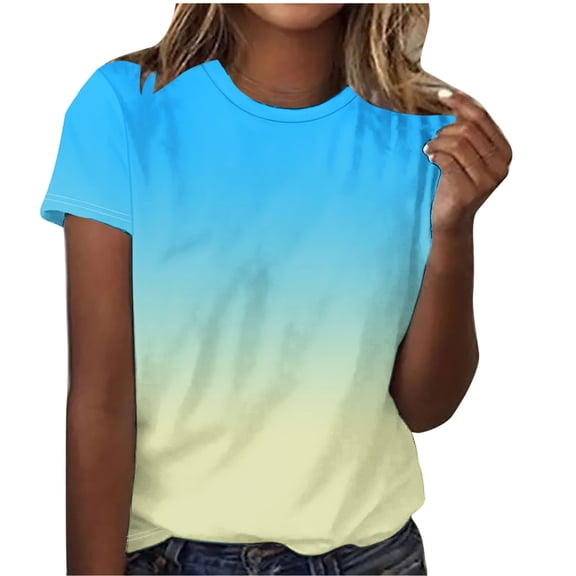 JYnXIANTI Womens Short Sleeve Tops Lightweight Gradient Crew Neck T-Shirts Casual Trendy Tee Shirt Classic Summer Outfits