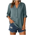 thumbnail image 5 of felwors Women's Relaxed Fit Short Sleeve Linen Like V Neck Blouse with Front Pocket Button Detail Roll Up Sleeves Casual Summer Beach Daily Top (Green, L), 5 of 7