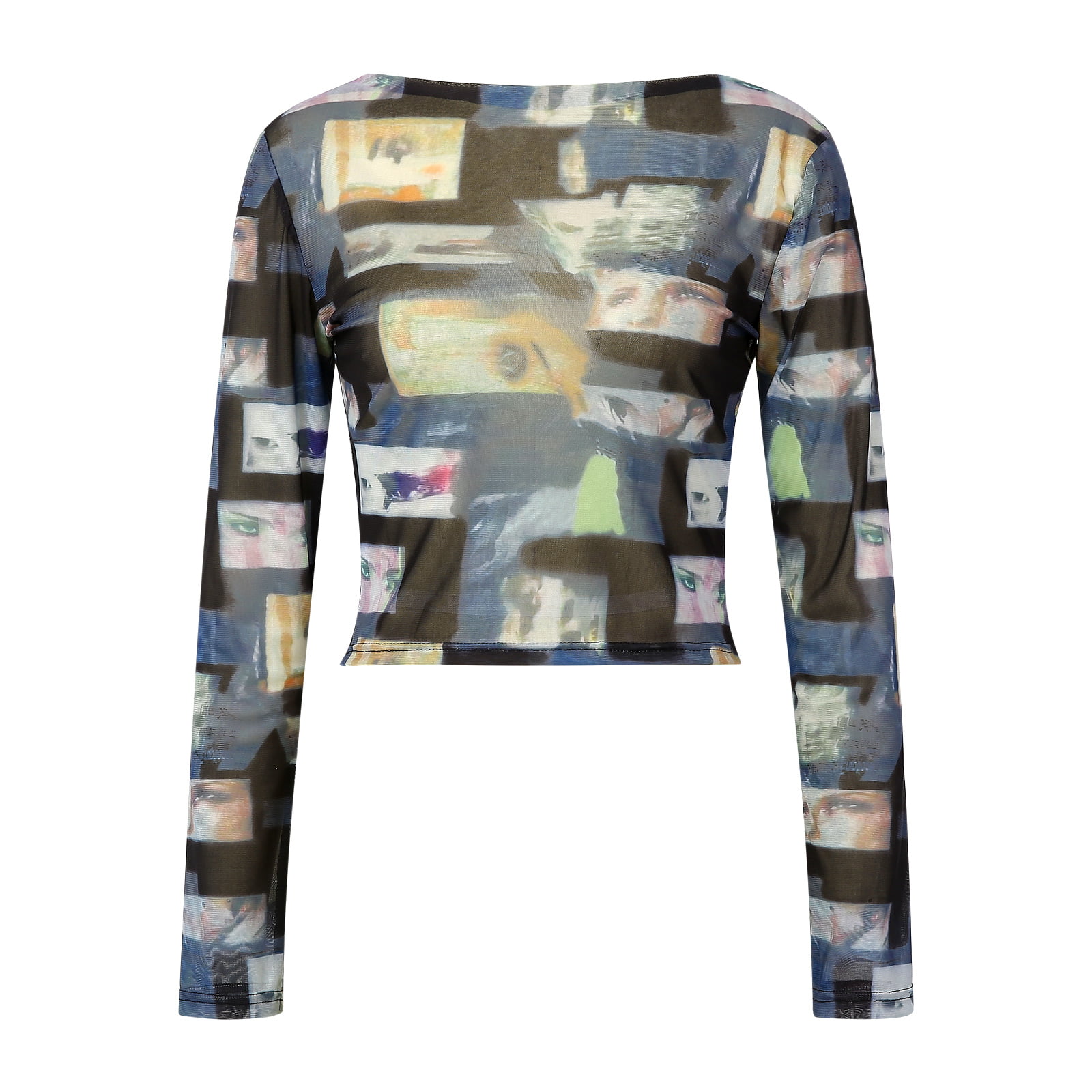 Vintage Graphic Mesh Long Sleeve Top 90s Y2K Abstract Print 