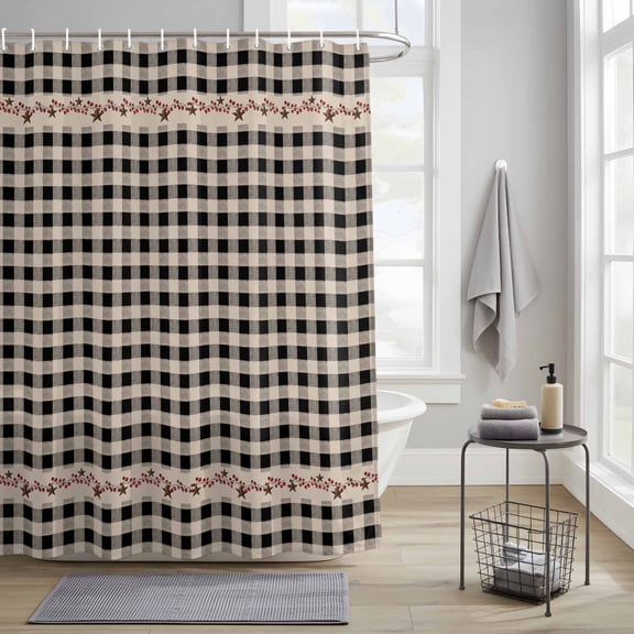 Farmhouse Berry Fabric Shower Curtain for Bathroom Waterproof Polyester Bath Curtain with 12 Hooks Black Buffalo Plaid American Country Rustic Washable Shower Curtain with Grommets 54"x78"