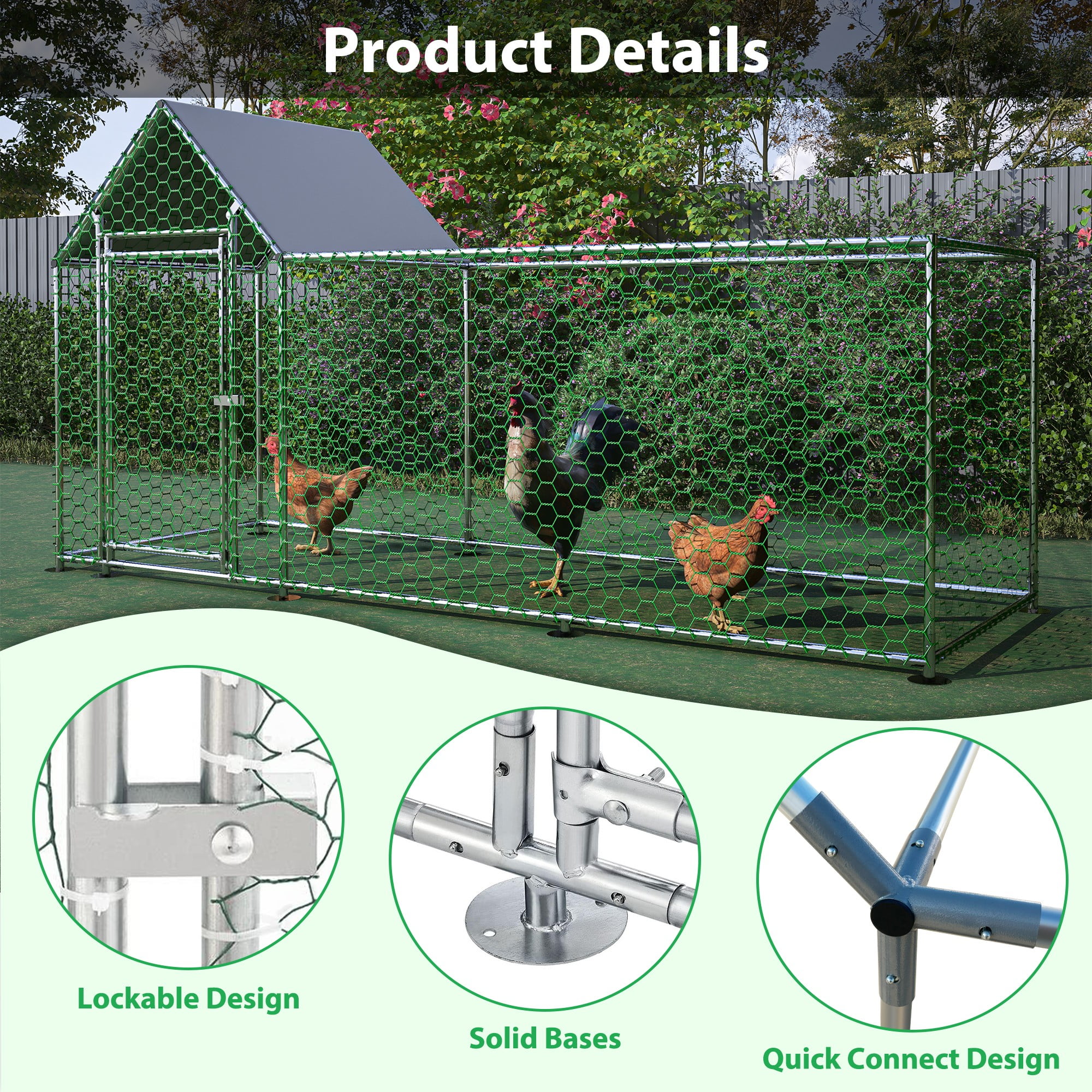 Aukfa 10x3FT Metal Chicken Coop with Run, Outdoor Backyard Hen House Poultry Habitat Cage w/Cover