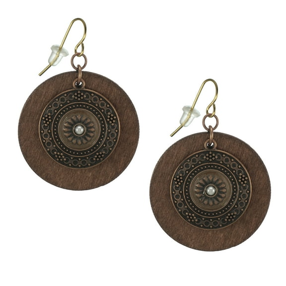 Boho Vintage Style Round Wood Copper Patina Medallion Earrings – Hypoallergenic Earwires