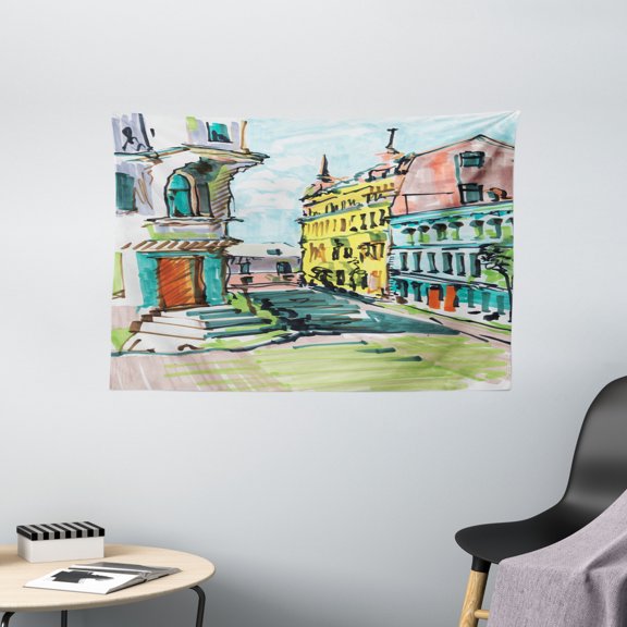 Fine Art Tapestry, Watercolor Sketch Style Hand Drawn City Scenery with Retro Architecture Buildings, Wall Hanging for Bedroom Living Room Dorm Decor, 60W X 40L Inches, Multicolor, by Ambesonne