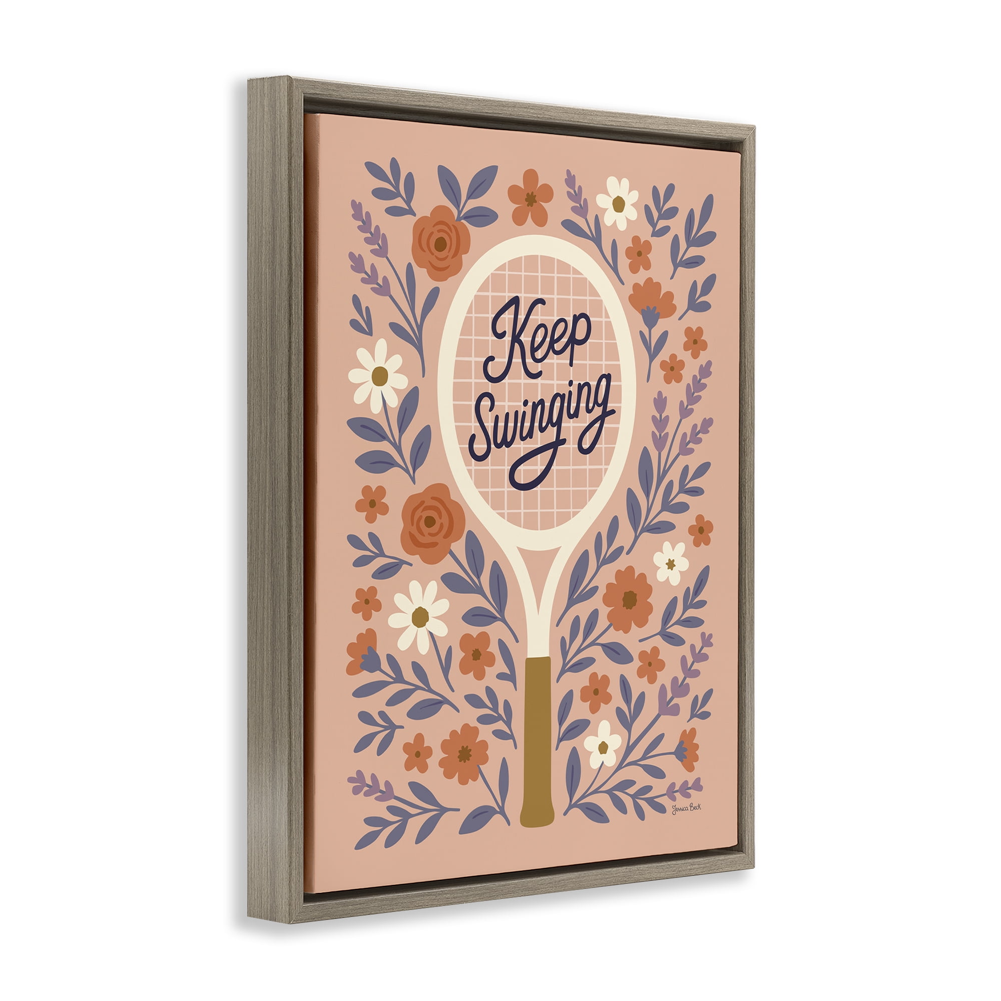 Stupell Industries Keep Swinging Floral Tennis Brown Framed Floater Canvas Wall Art, design by Jessica Beck