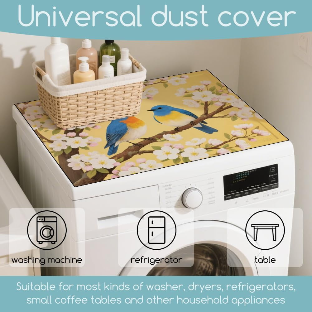 Blue Birds Laundry Room Washer Dryer Dust Cover Mat 23.6x19.6inch Flowers Branches Washing Machine Top Protector Pad Retro Non Slip