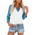thumbnail image 2 of Shirts for Women under $10 3/4 Sleeve V-Neck Patchwork T-shirt Pullover Blouse Blue S, 2 of 6