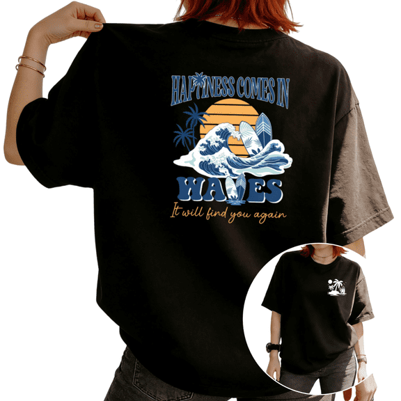 UNISHE Women's Happiness Comes In Waves Graphic Short Sleeve T-Shirt Casual Cotton Crewneck Top