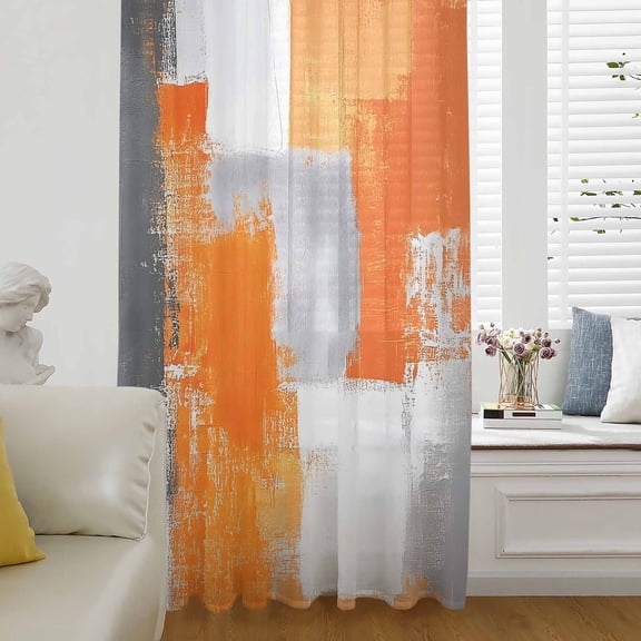 Burnt Orange Grey Sheer Curtains 72 Inch Length, Light Filtering Voile Curtain Panel, Modern Oil Painted Abstract Art Rod Pocket Drapes Window Treatments for Living Room Bedroom 52"x72"