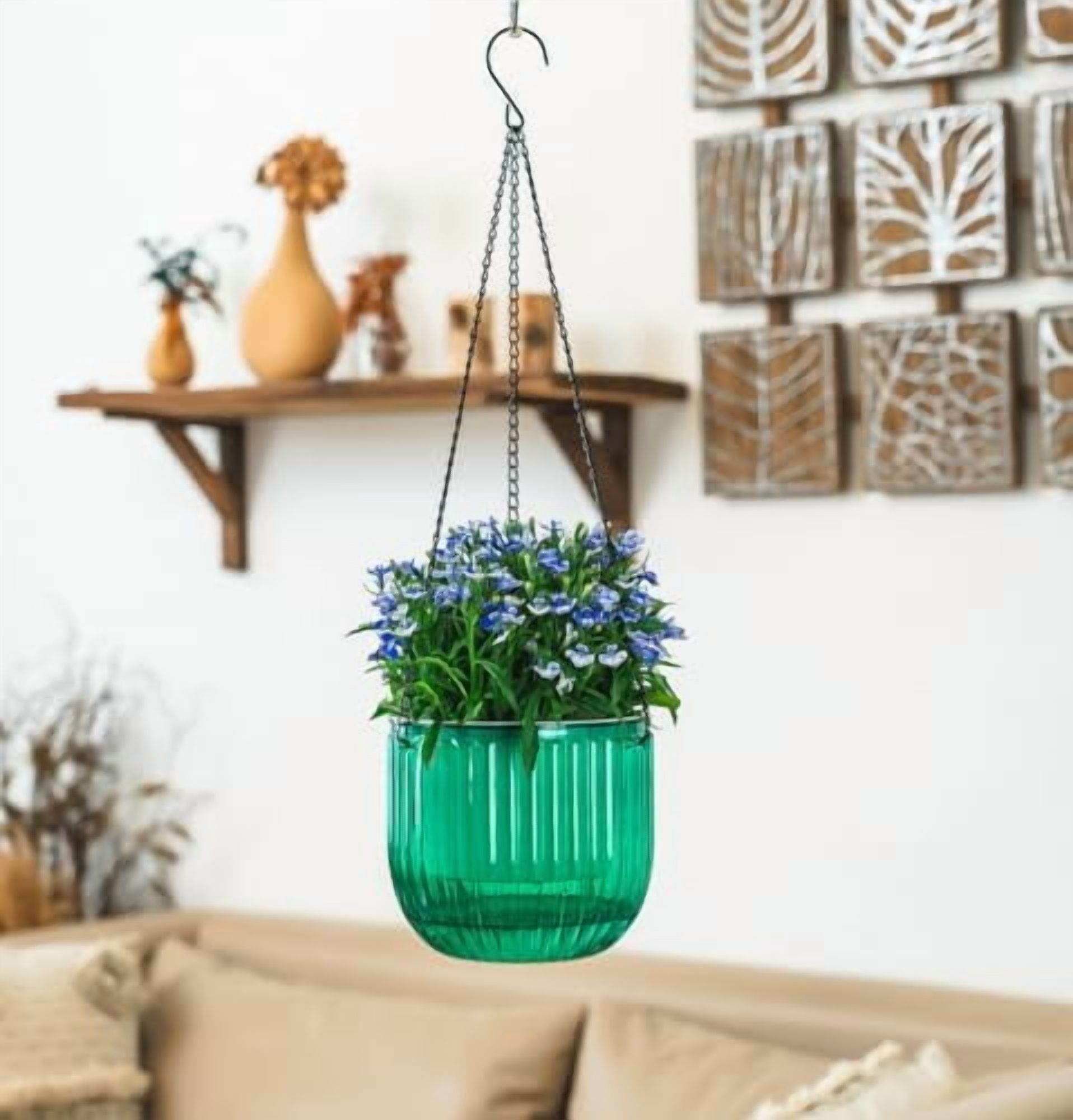 2 Pack Self Watering Hanging Planters Indoor Flower Pots, 6.5 Inch Outdoor Hanging Plant Pot Basket, Plant Hanger with 3Hooks Drainage Holes for Garden Home Emerald+white,6.5''+6.5''