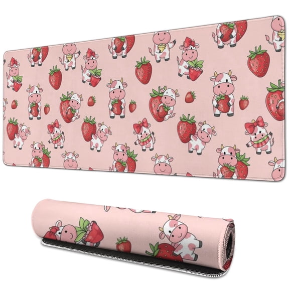 Long Mouse Pads for Desk,Pink Cow Strawberry Pattern Desk Mats on Top Of Desks, Desk Mouse Pad Extra Large with 3mm Non-Slip Base and Stitched Edge for Gaming,Office,Work,Home 31.5"x11.8"