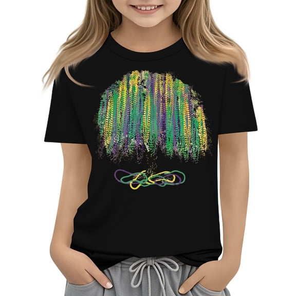 Abcomgle Mardi Gras Shirts for Girls 5t Carnival Beads Tree Tshirts for Girls Crewneck Short Sleeve Shirts for Kids Girls Spring Funny Parade Blouses for Girls