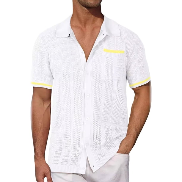 Camisa de manga corta con botones para hombre - Cárdigan informal con bolsillos huecos - Tejido ligero de poliéster - Corte holgado, se recomienda elegir una talla menos - Tallas S-XXXL