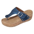thumbnail image 5 of Rokment Womens Denim Cork Footbed Platform Flip Flops Trendy Casual Leather Buckles Wedge Slip on Thong Dress Backless Sandals Comfortable Walking Slippers Navy Size 6.5, 5 of 6