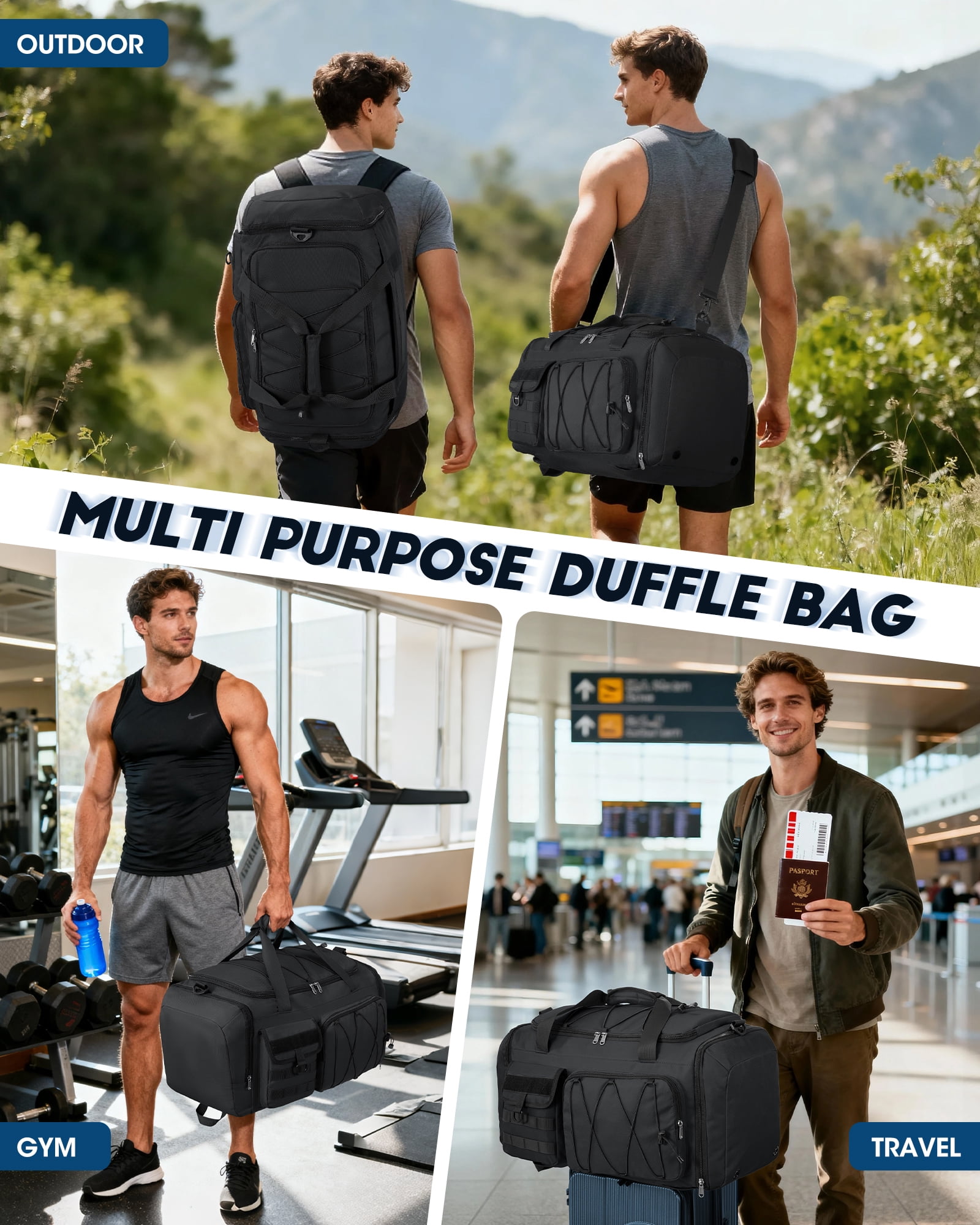 Gym Bag for Men 45L Sports Duffel Bags 3-in-1 Travel Duffel Bag with Shoe Compartment,Gym Workout Backpack Weekender Bag Overnight Bag for Travel, Black