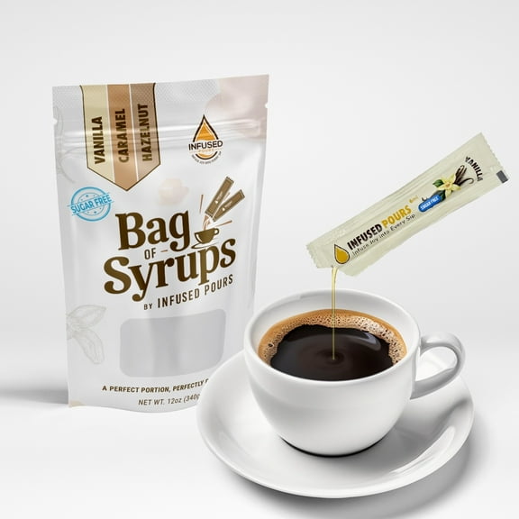 Single Serving Syrup Packets, Sugar Free Variety Pack, for Coffee and Cocktails - Flavors (10 Each): Vanilla, Caramel, Hazelnut - 6mL Each, 30 Count - Bag of Syrups by Infused Pours