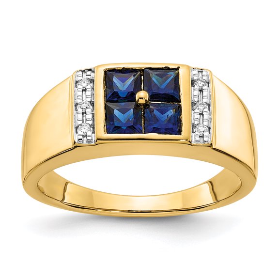 14K Yellow Gold with Created Sapphire & Diamond Men's Ring Size 10