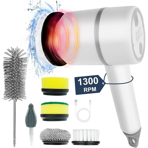 Electric Spin Scrubber, Sonic Cordless Cleaning Brush for Shoes Pot Bowl Cup Bottle Brush Cleaner with 6 Replaceable Brush Heads, Power Scrubber 3 Adjustable Speeds