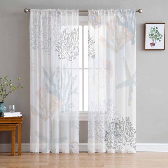 Blue Pink Coral Coastal Sheer Curtains 63 Inches Length 2 Panels Set, Window Sheer Curtains for Living Room/Bedroom, Nautical Starfish Summer Beach Light Filtering Rod Pocket Curtain 52'' x 63'' x 2