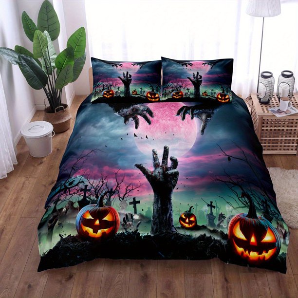 3pcs Halloween Theme Duvet Cover Set, Horror Pumpkin Tombstone Hand Print Bedding Set, Soft Comfortable Duvet Cover, For Bedroom, Guest Room (1*Duvet Cover + 2*Pillowcase, Without Core)