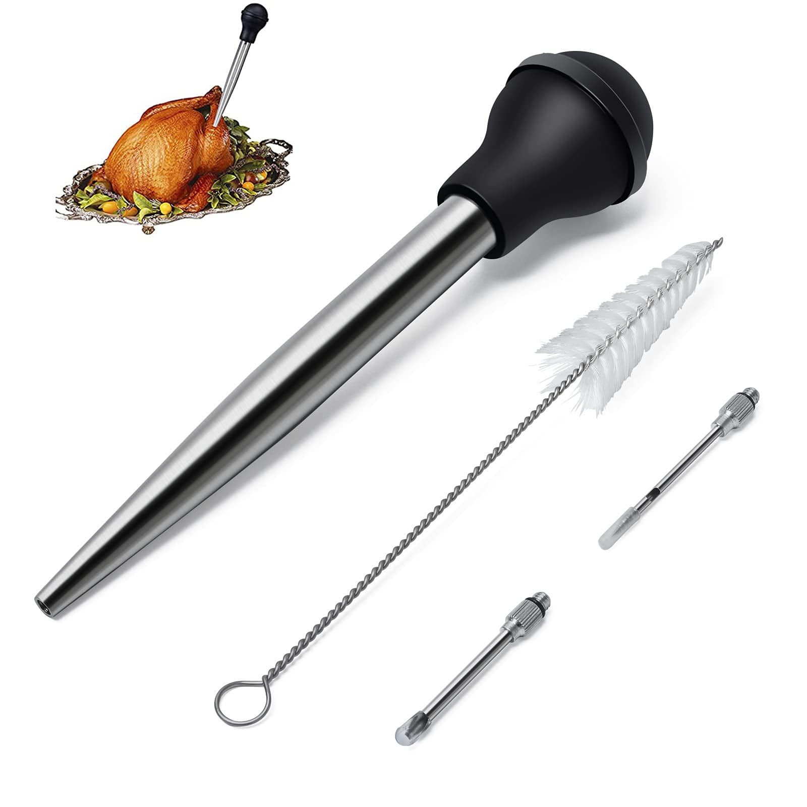 Fish Turkey Baster Syringe Cooking Set Pork Marinade Needles and Cleaning Brush for BBQ Grill Baking Kitchen Cooking Tool Black Stainless Steel Meat Baster Syringe with Silicone Bulb Beef 