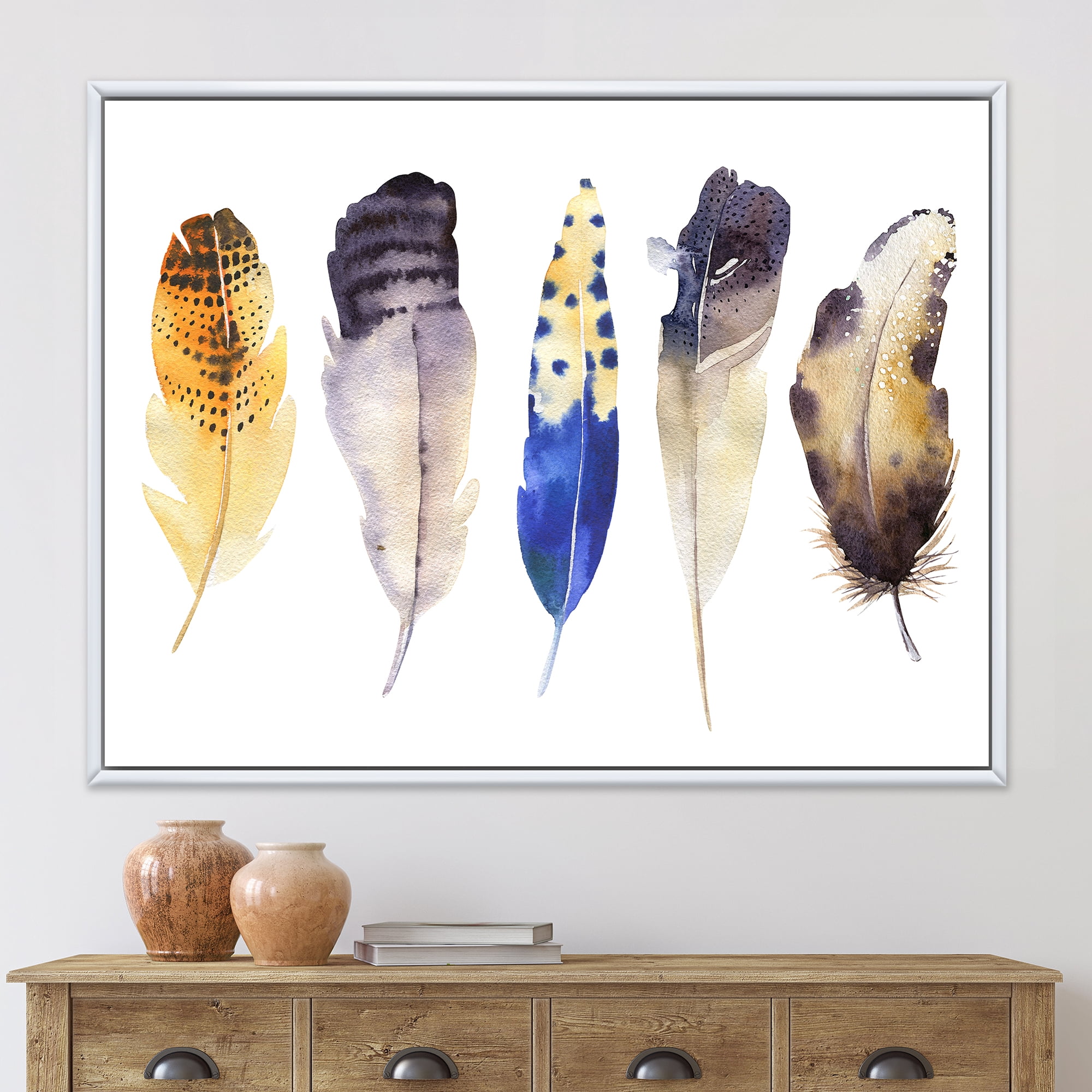 Designart 'Colourful Boho Art Feather Set I' Bohemian & Eclectic Framed Canvas Wall Art Print
