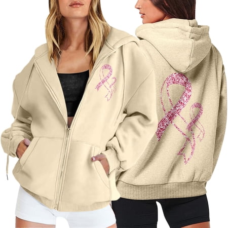 Womens Sweatshirts Cancer Awareness Print Zip Hooded Sweatshirt Roomy Front Pockets Warm Cozy Relaxed Fit Knit Daily Top Womens Hoodies