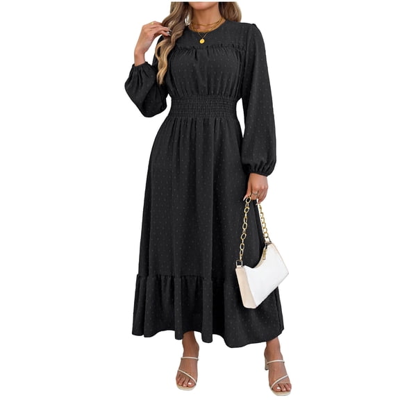 Edvintorg Maxi Dresses for Women Crew Neck Ruffles Long Sleeve Vacation Dress Fall Casual High Waisted A Line Dress