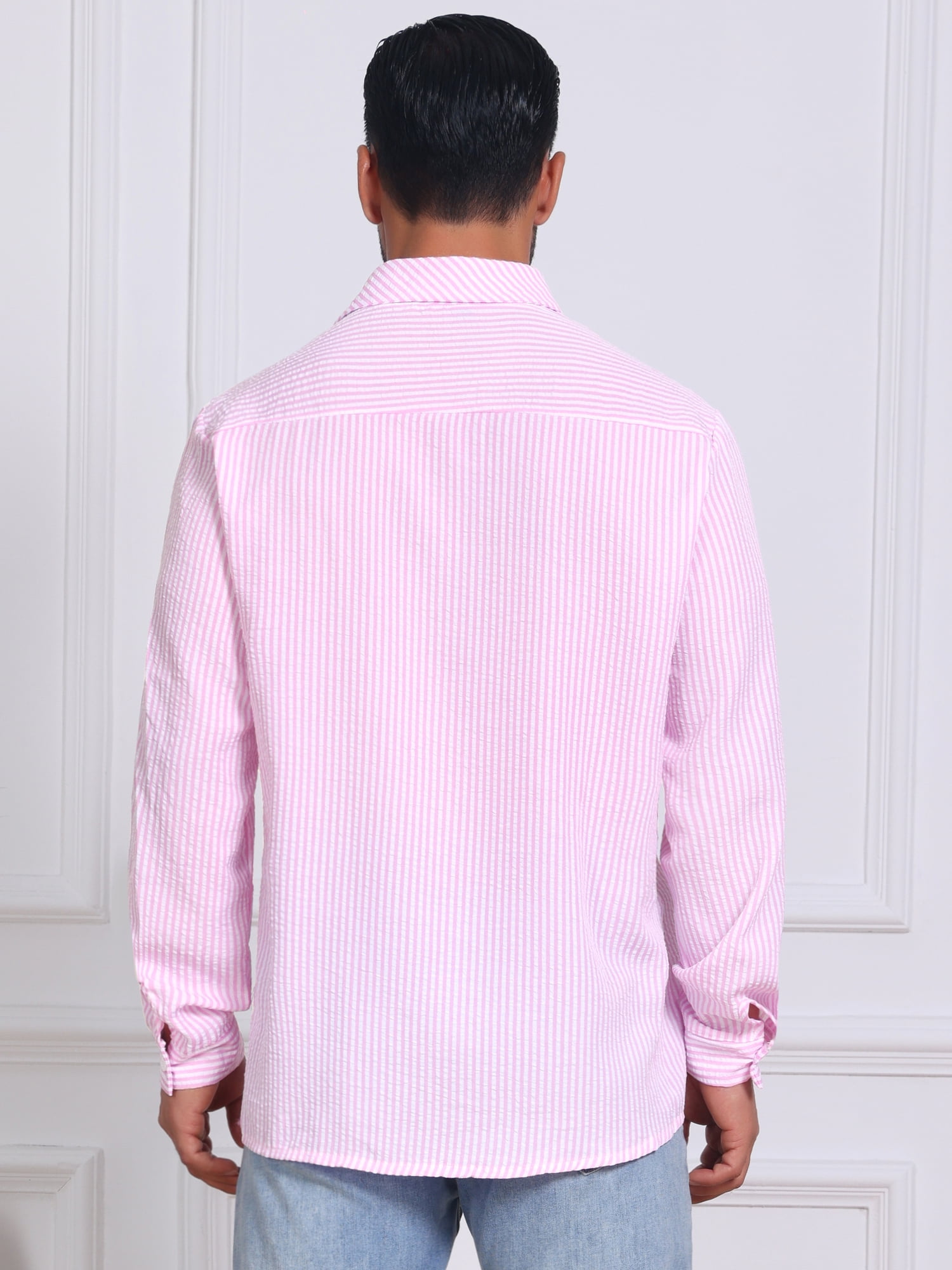 DARING DIVA Men's Seersucker Long Sleeve Button Down Textured Striped Shirts XL Pink