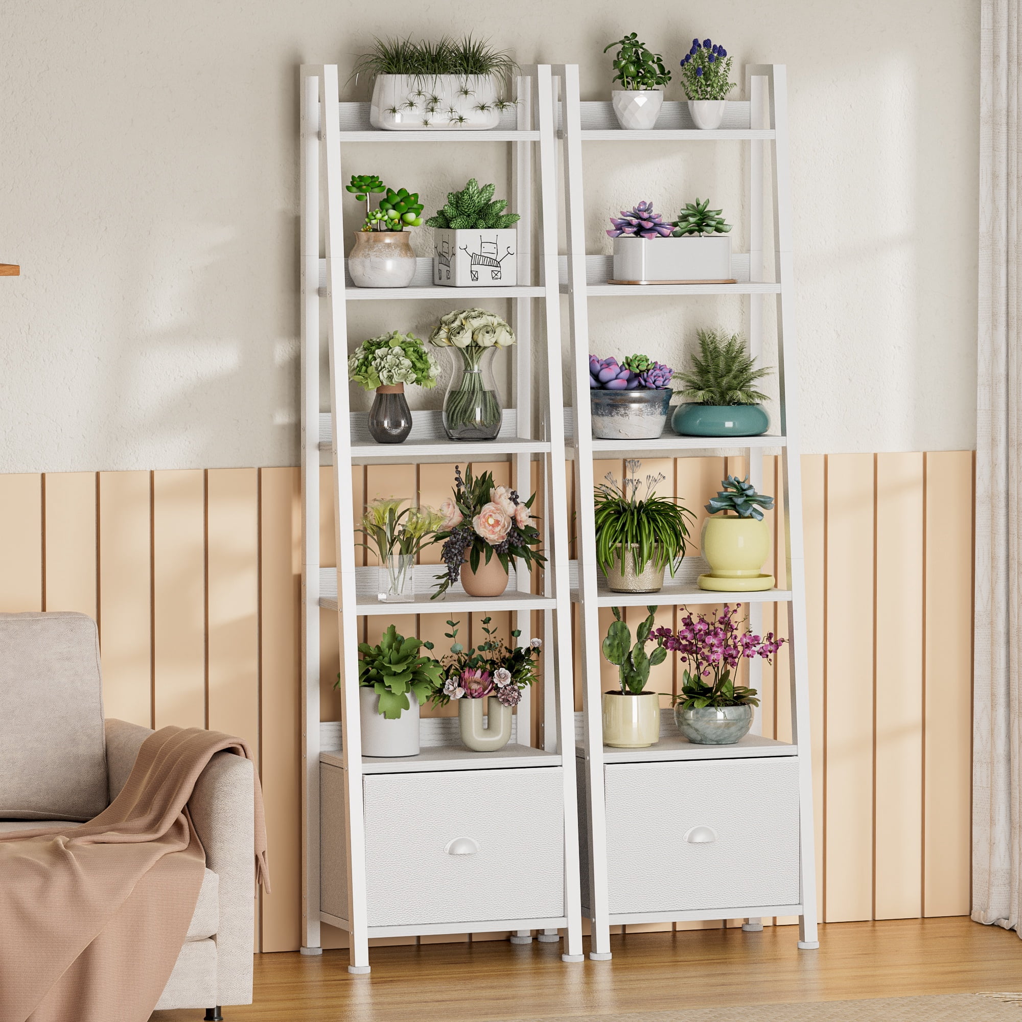 Tydimor 6-Tier Leaning Ladder Bookshelf with Fabric Drawer, White Leaning Bookcase with Storage Shelves for Home Office Living Room Bedroom