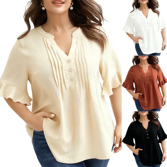 Fengqque Womens Womens Oversized Summer T Shirts Plus Size Tops V-neck Ruffled Button Short Sleeve Loose Fit Shirts White XL(XL)
