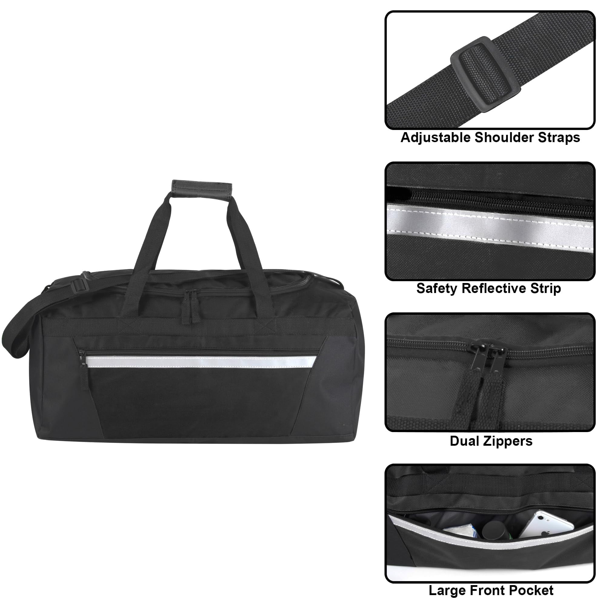 24 Pack of Bulk Wholesale 40 Liter 22 Inch Duffle Bags with Reflective Stripe, Front Accessory Pocket, Velcro Handles and Luggage Strap for Sports, Gym & Traveling in Black