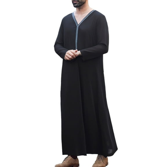 Dpytoraw Arab Loose Embroidered Men's Casual Robe Side Pocket Menâs Quick-Dry Performance T-Shirts for Gym Black L