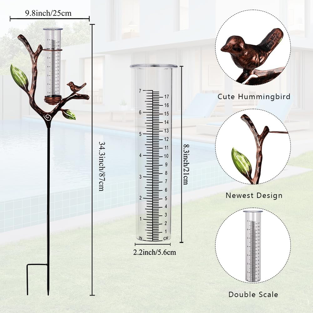 HRTGFD-Rain Gauge Outdoor, Metal Rain Gauge with Stake, 7 Inch Tube Rain Measure Gauge, Decorative Branch Rain Measure Tool for Garden, Lawn, Patio