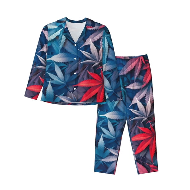 Balery Red And Blue Leaves Conjunto de Pijama con Estampado para Mujer, Conjunto de Dos Piezas con Manga Larga, Ropa de Dormir Suave con Bolsillos, Pijamas Cómodos-Large