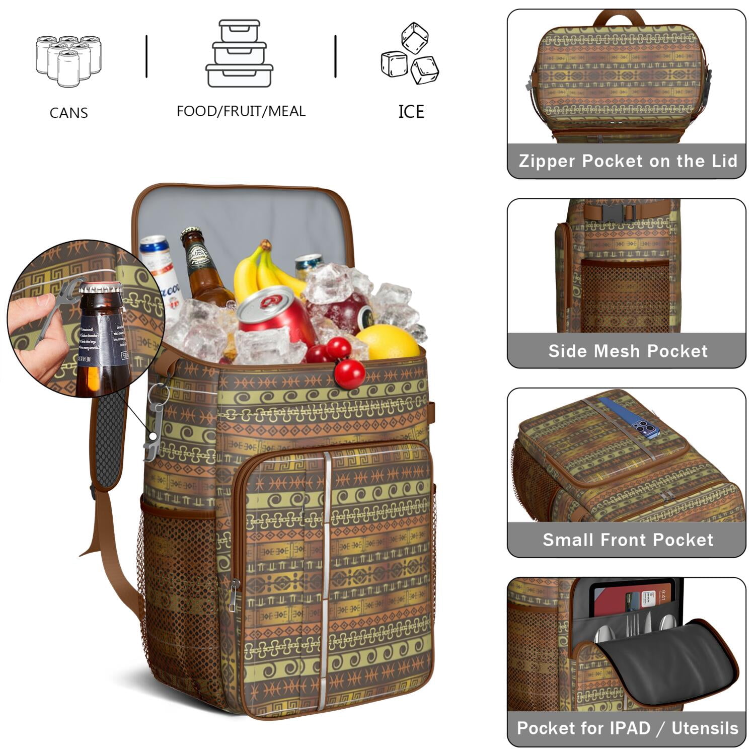Travel Cooler Bag - Boho Bohemia Pioneer Flower Geometric Line Art Camping Beer Cooler Backpack with Bottle Opener- Waterproof Insulated Picnic Backpacks - Cooler Bag for Beach