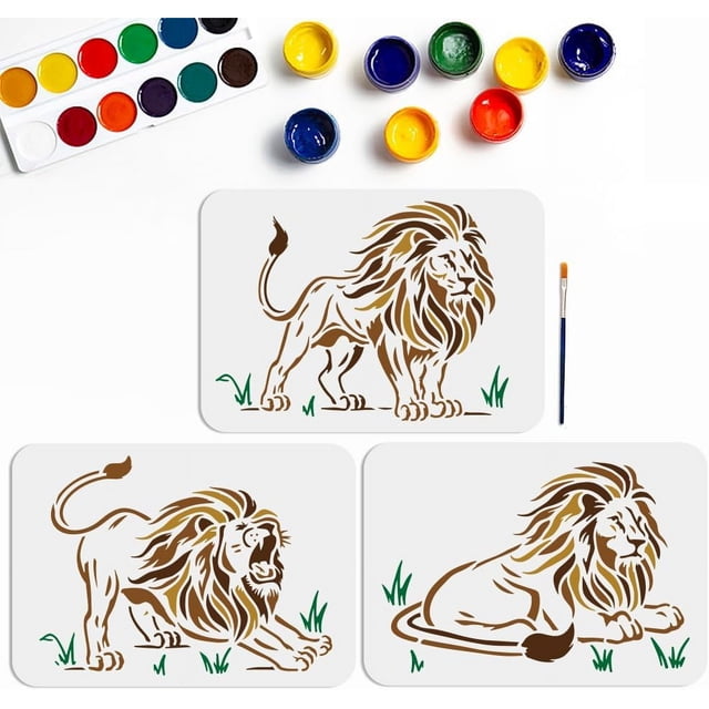 Juego de 3 plantillas de animales: León (11,7 x 8,3 pulgadas), plantilla grande para dibujo de animales salvajes con pincel.
