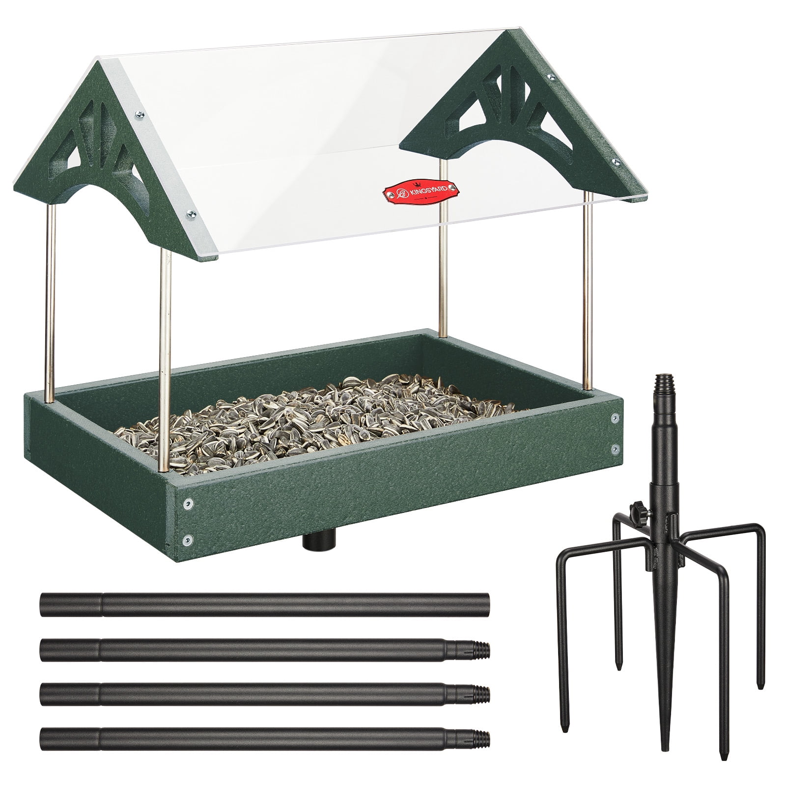 Kingsyard Recycled Plastic Wild Bird Feeders with Adjustable Height Pole Kit, Metal Mesh Platform Bird Feeder, Easy to Refill & Clean, Green