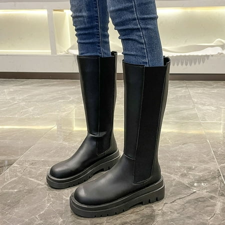 

ZMHEGW Boots For Women Artificial Leather Solid Color Autumn Thick Sole Square Heels Zipper Mid Booties Round Toe Shoes