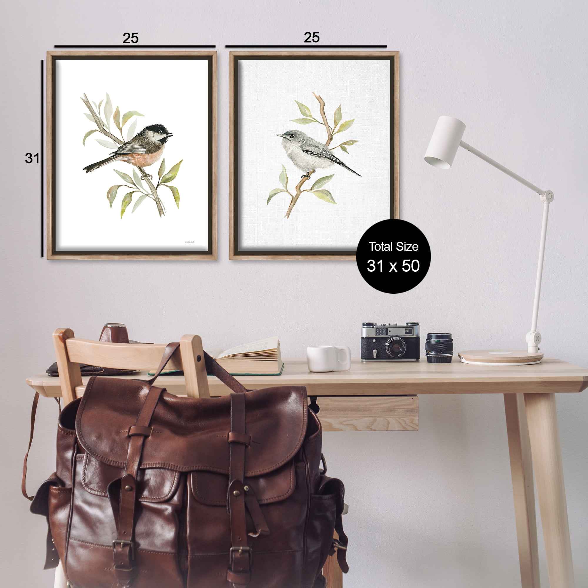 Stupell Industries Small Birds on Branches Animals Painting Brown Floater Framed Canvas Art Print Wall Art, 31 x 25, Set of 2