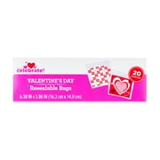 6.375 x 5.86 in, 20 Count Red, Pink and White Zipper Plastic Bag, Valentine's Day, Partyware, Party Supplier Set, Way to Celebrate