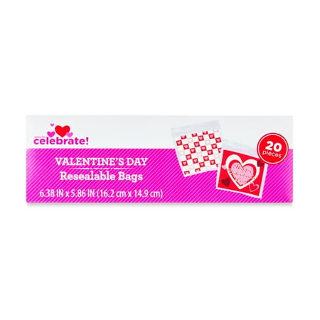 6.375 x 5.86 in, 20 Count Red, Pink and White Zipper Plastic Bag, Valentine's Day, Partyware, Party Supplier Set, Way to Celebrate
