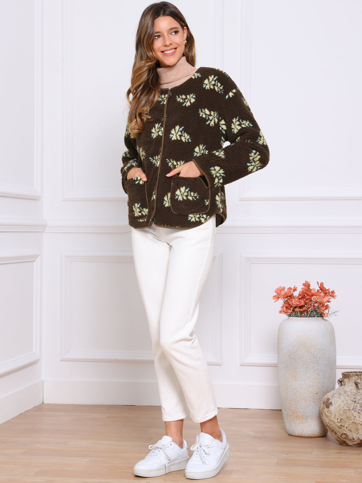 DARING DIVA Fleece Jacket Floral Print Long Sleeve Outwear S Brown
