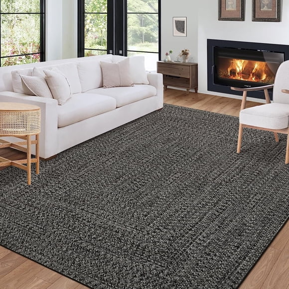 HOMERRY Tapis Moderne 5 Pieds x 7 Pieds pour Salon, Motif Tressé, Intérieur, Lavable, Tapis Neutre, Noir