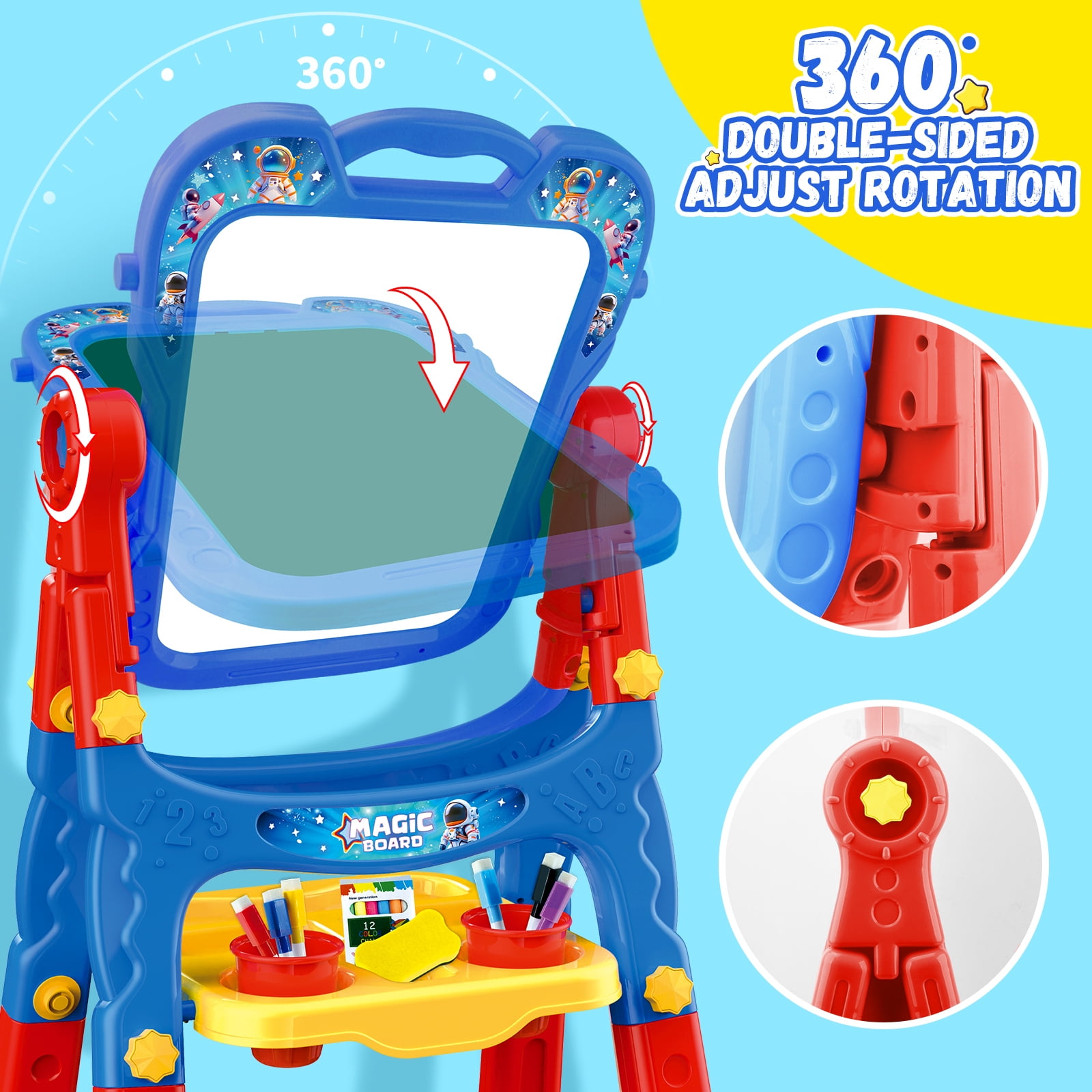 Art Easel for Kids - Adjustable Double-Sided Rotatable Magnetic White Board with Painting Accessories, Preschool Learning Toy for Girls 3-5 Years Old,Ideal Christmas Birthday Gift （Blue）