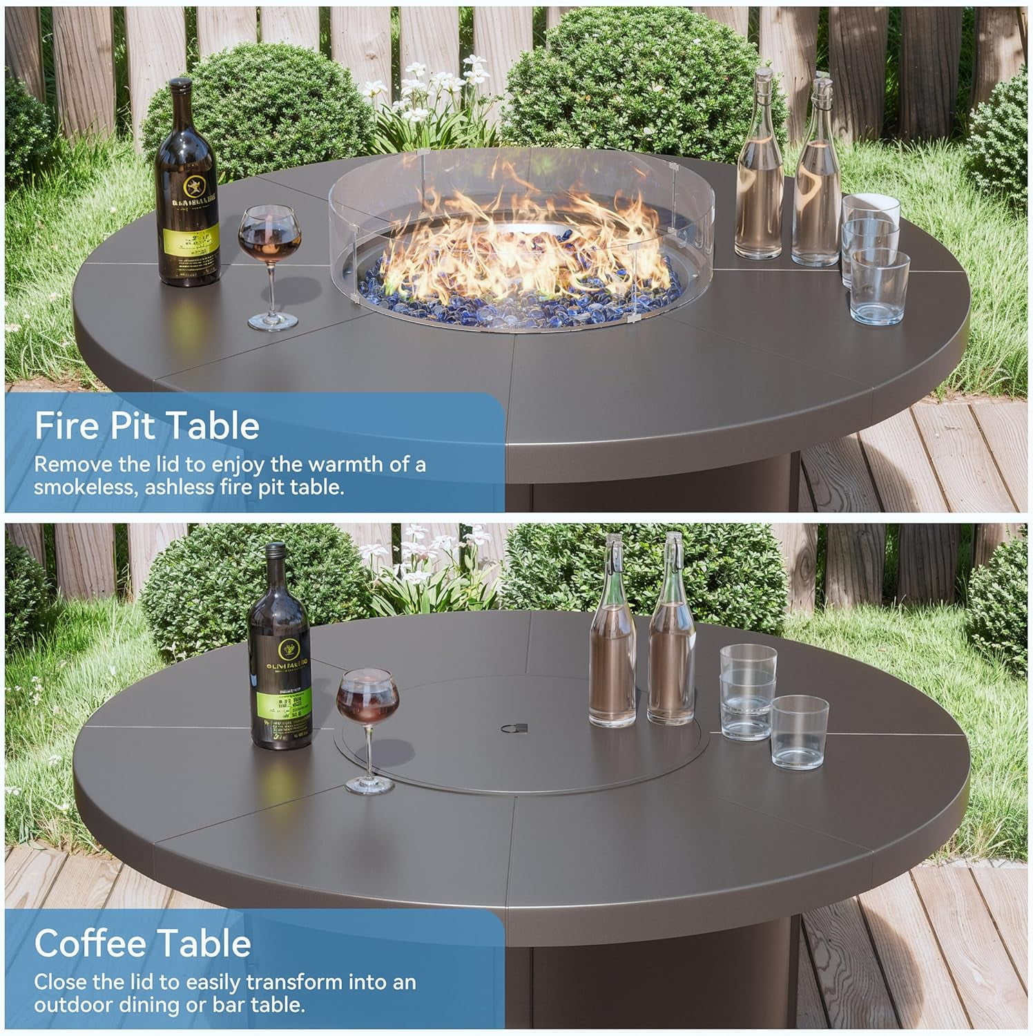 Kullavik 48 Inch Outdoor Propane Fire Pit Table,Round Firepit Table for Outside Patio,Gas Fire Table with Fire Glass,Waterproof Cover and Blue Glass Stone